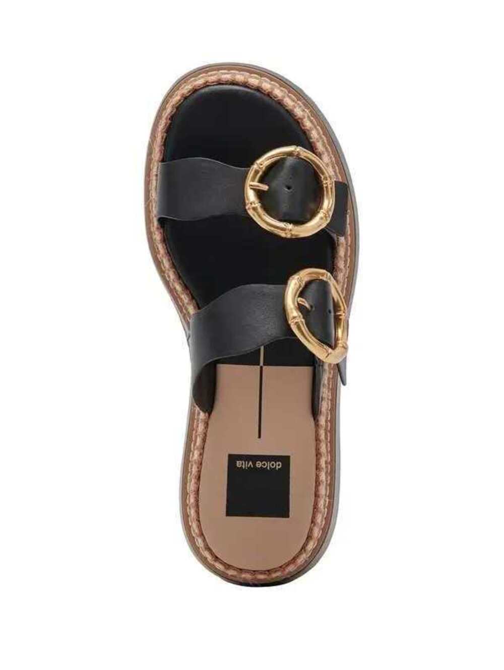 Dolce Vita Rysha Black Leather Platform Slide Sandals Gold Buckle Size 9